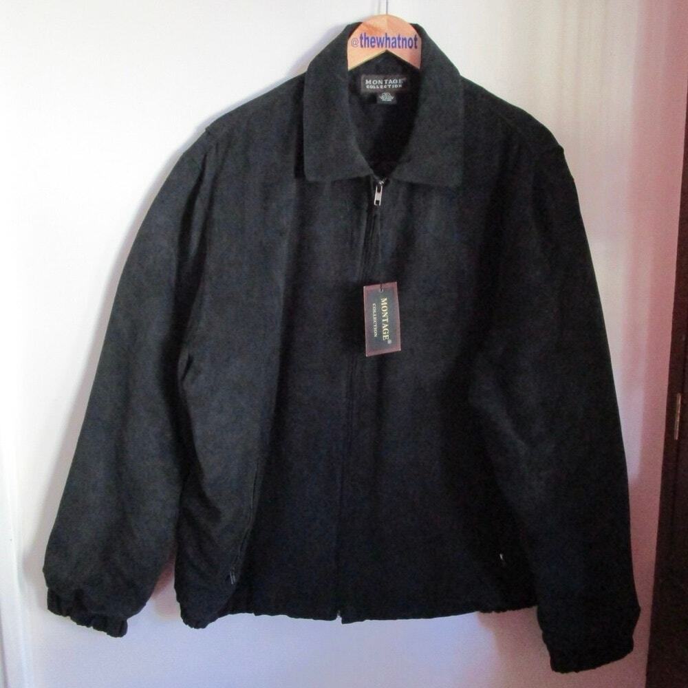 Vintage 90s Faux Suede Bomber Jacket XL Men Blue Black Zip Microfiber - Picture 7 of 17